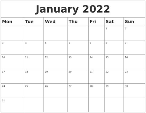 January 2022 Blank Calendar